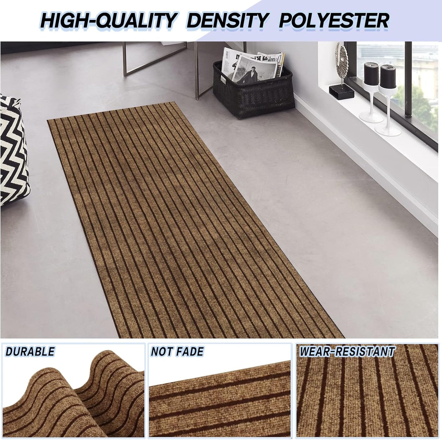 Custom Size Backed Non-Slip Area Rugs Runner, Easy Clean, Waterproof Runner Rugs for Hallway Entryway, Kitchen, Laundry, 3FT x 48FT, Brown Stripe