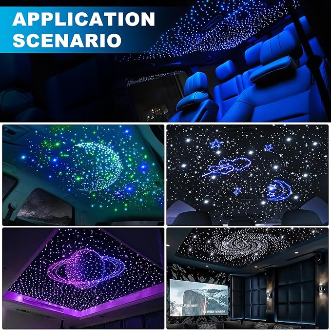 4 Colors 32W Twinkle Car Starlight Headliner Kit 800pcs*0.03in*13.1ft with APP&RF Remote,RGBW Fiber Optic Strands Star Roof Lights,4 Port Engine Sound Activated Ceiling Star Lights for Home/Car Decor