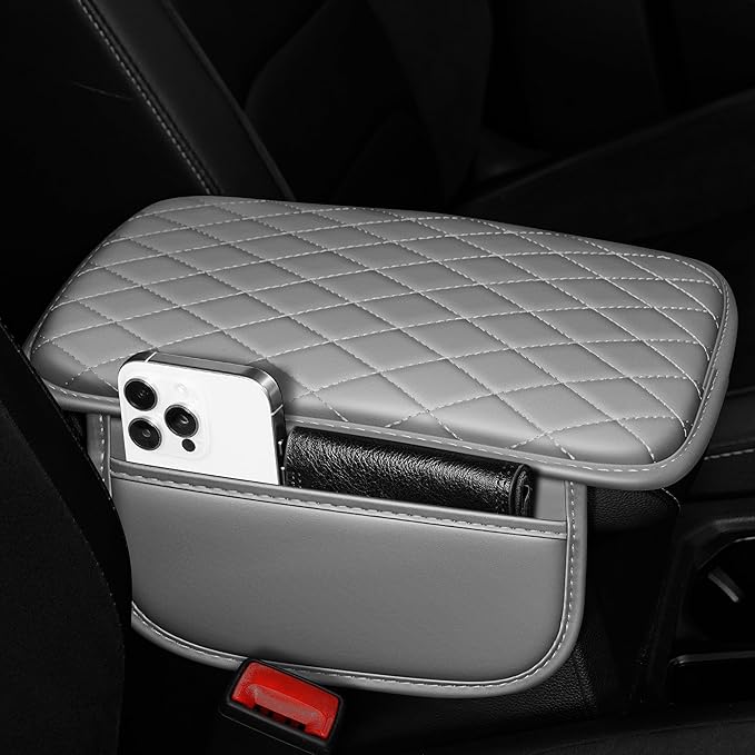 Center Console Cover for Cars Fit for Jeep Renegade Leather Armrest Covers with 2 Storage Bags(Grey)