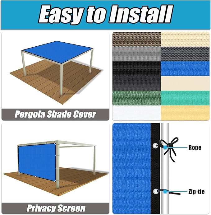 Amagenix 90% Pergola Shade Cover 8' X 16' Sun Shade Cloth with Grommets for Outdoor Garden Patio Porch, Commercial Grade 200 GSM - Cable Zip Ties Included (We Customized) GN108, Blue