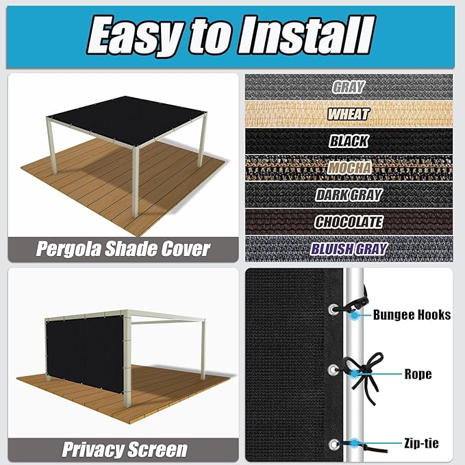 Amagenix 90% Sun Shade Cloth with Grommets, 10' x 16' Pergola Replacement Shade Cover Canopy Privacy Screen for Outdoor Patio Garden, Black (We Customized)
