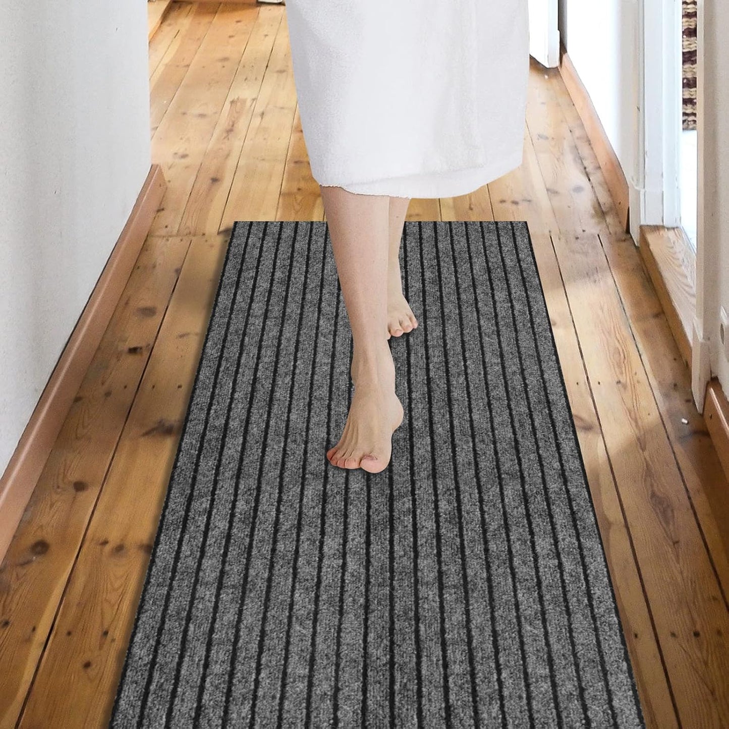 Custom Size Backed Non-Slip Area Rugs Runner, Easy Clean, Waterproof Runner Rugs for Hallway Entryway, Kitchen, Laundry, 3FT x 51FT, Gray Stripe