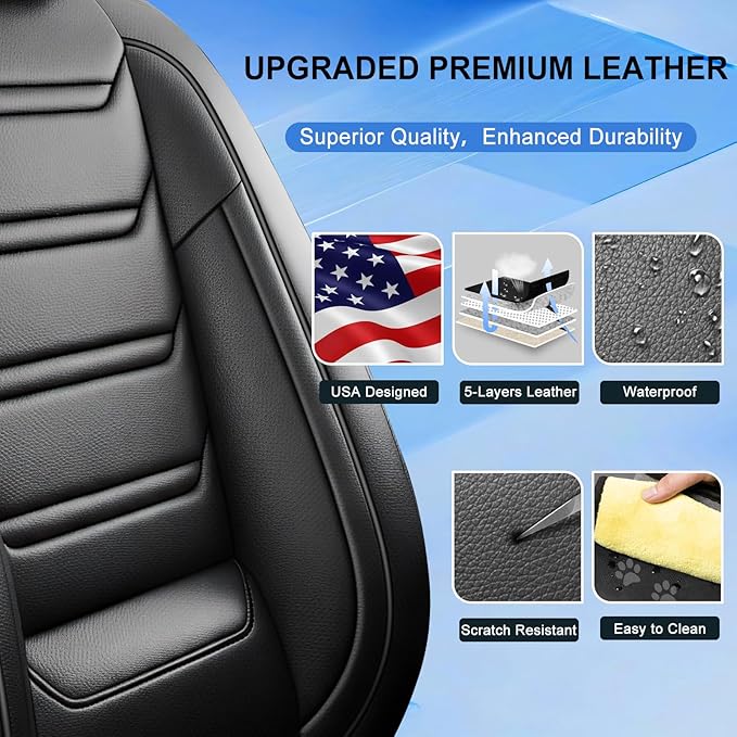 Fit Mazda 3 Car Seat Covers for Select Mazda 3 2010-2019 - Full Coverage Leather, Airbag Compatible, Waterproof & All Weather Seat Cushion Protector, Full Set, Black