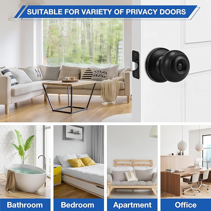 Plustool 6 Pack Matte Black Door Knobs, Privacy Door Knob with Lock, Interior Doorknobs with Round Ball, Keyless Door Lockset for Bedrooms Bathrooms