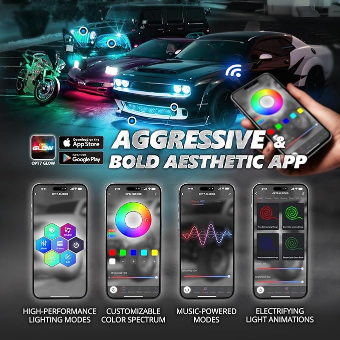 OPT7 Aura Pro Engine Bay Lights w/App & Remote Control, 4PCS 12” Waterproof Under Hood LED Light Strip, Exterior Car Neon Accent Lighting Kit, RGB Multicolor Music Sync Accessories for Cars Vans SUVs