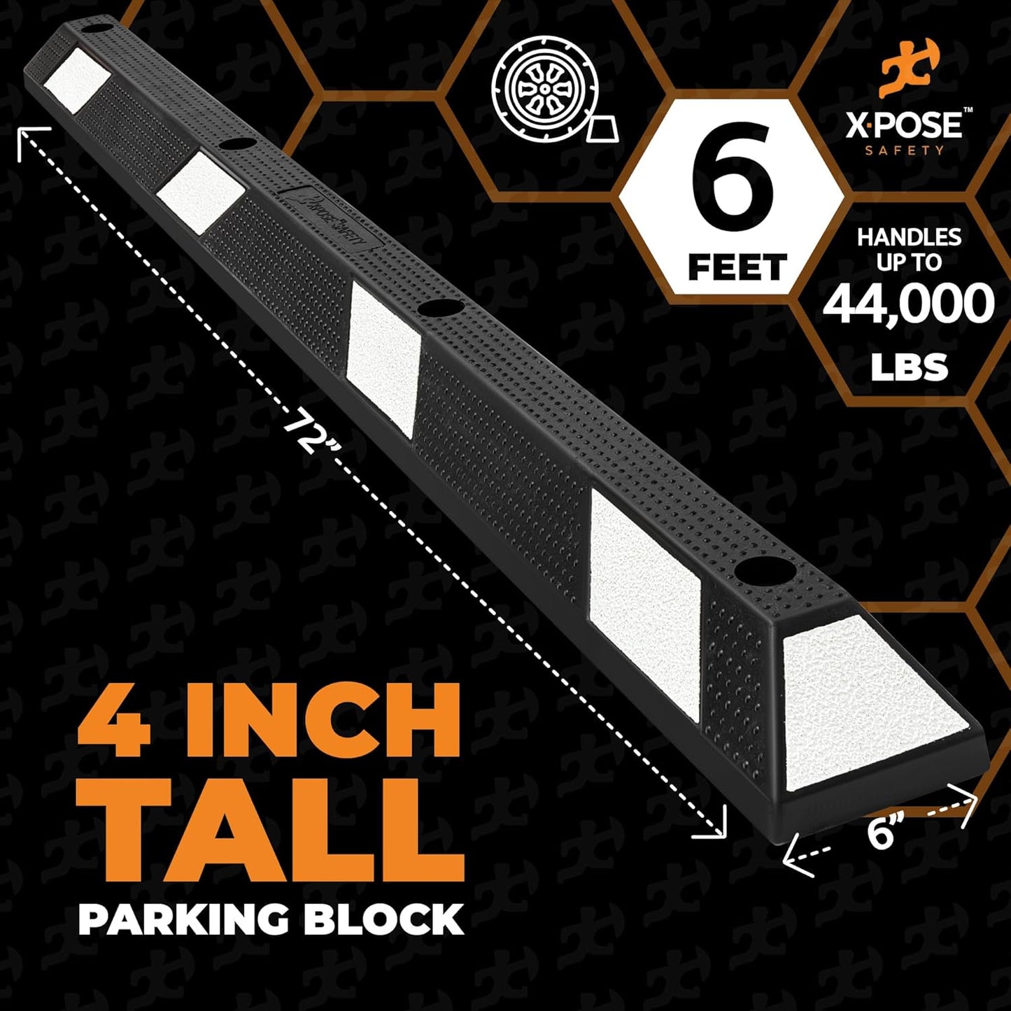 Xpose Safety 72" Heavy Duty Rubber Parking Stopper – Bulk 2 Full Pallets 100 Pack Wheel Blocks for Garage, Driveway, or Ramp – Car Bumper Stop with White Reflective Strips – Removable Floor Mount