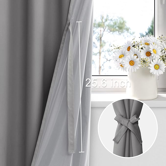 XWZO 100% Blackout Curtain Panels with Tiebacks- Thermal Insulated Black Liner Short Curtains, Noise Reducing and Heat Blocking Drapes for Hall and Studio Windows, Grey, W38 x L72, Set of 2