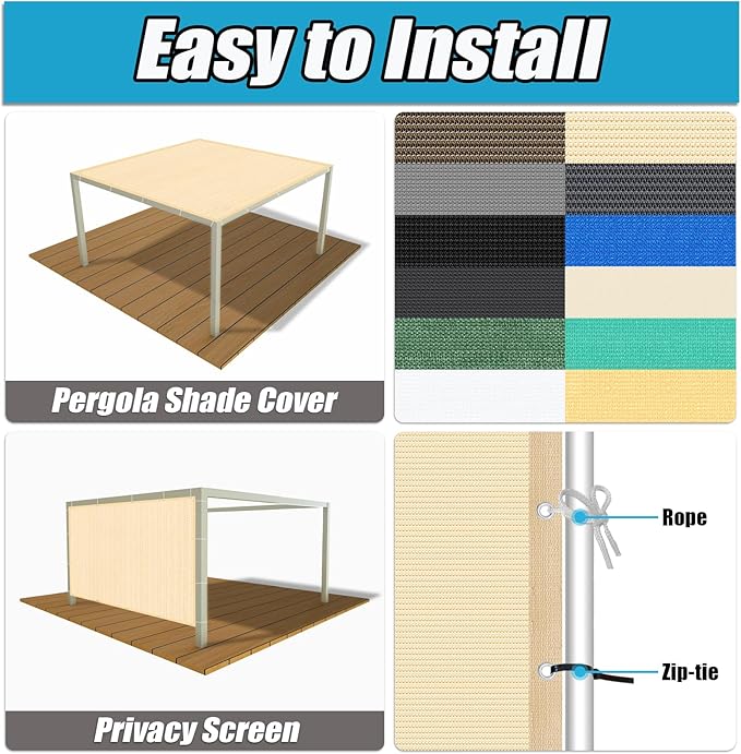 Amagenix 90% Pergola Shade Cover 8' X 10' Sun Shade Cloth with Grommets for Outdoor Garden Patio Porch, Commercial Grade 200 GSM - Cable Zip Ties Included (We Customized) GN108, Wheat