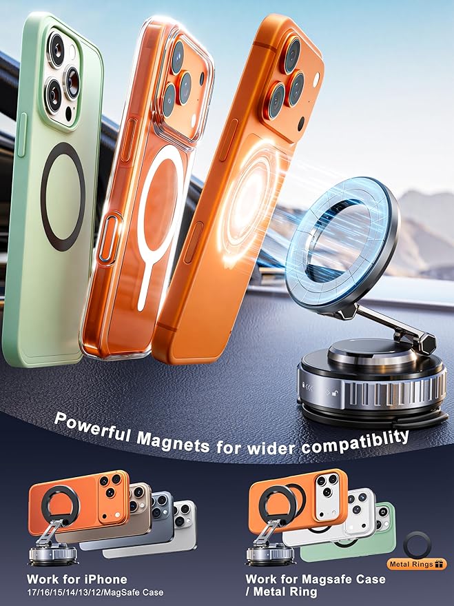 Snanlen 2026 Upgraded Car Phone Holder for Magsafe [108LBS Strongest Suction] 360° adjustable vacuum magnetic phone holders, cell phone car mount for iPhone 17 Pro Max 16 15 14 13 Air Plus (Rose Gold)