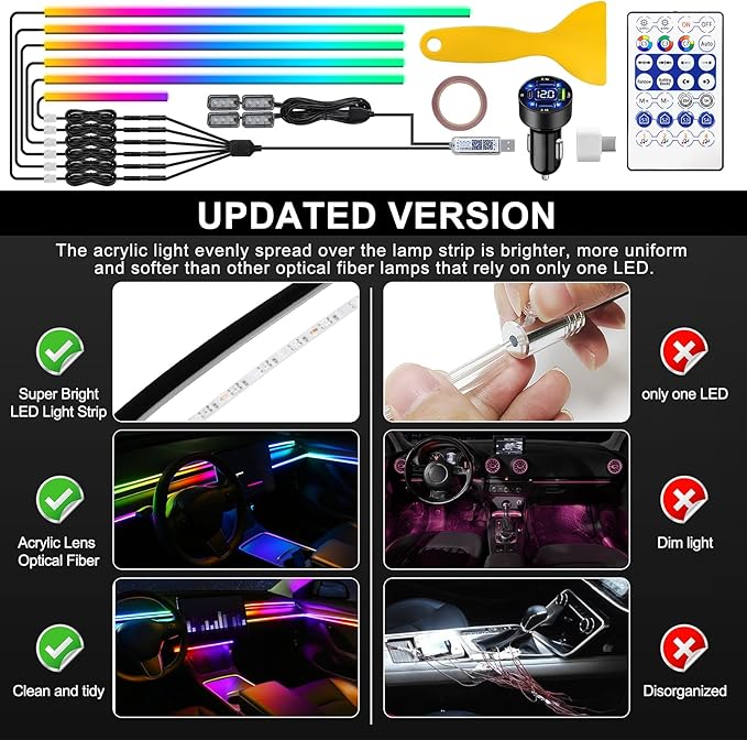 Dreamcolor Acrylic Interior Car LED Strip Light with USB/Type C/4-Port Cigarette Lighter, RGB 10 in 1 with 187 inches 650 LEDs Ambient Lighting Kits, Sound Active Function Neon Led Strips for Car