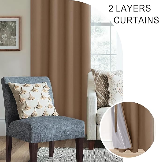 XWZO 100% Blackout Curtains with Tiebacks- 2 Thick Layers Completely Shaded Window Treatment Thermal Insulated Lined Drapes for Bedroom/Patio Door, Grommet, Cappuccino, W38 x L54, Set of 2 Panels