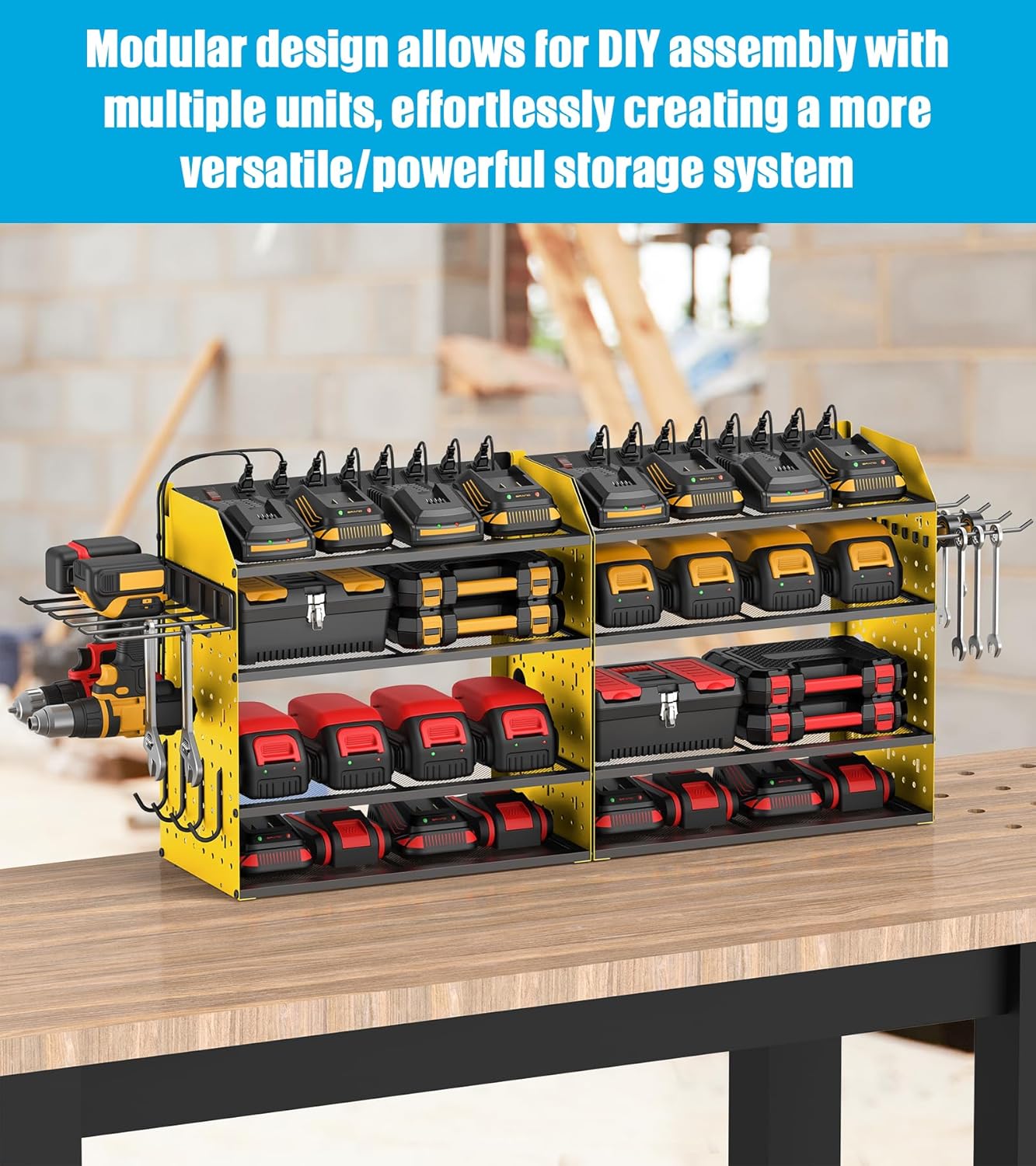 CCCEI Modular Desk Power Tools Organizer with Charging Station, 4 Layer Drills Battery Storage Wall Mount, Garage Shop Organization, Anniversary, Birthday, Gifts for Men, Father, Yellow, 10FT Cord.