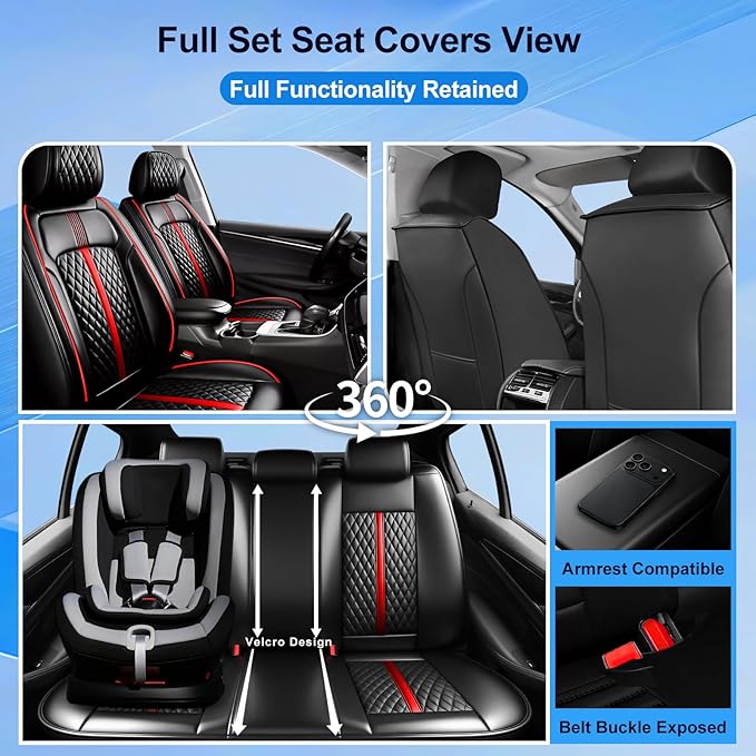 Fit Mazda 6 Car Seat Covers (Front Pair) for Select Mazda 6 2007-2021 - Premium Full Coverage Leather, Airbag Compatible, Luxury Waterproof & All Weather Breathable Seat Protector, Red Trim