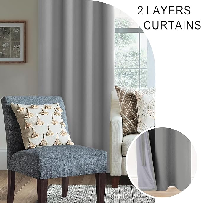 XWZO 100% Blackout Curtains 63 Inches Long with Tiebacks- Heat and Full Light Blocking, Thermal Insulated Window Panels with Grommets for Bedroom/Nursery, Light Grey, W60 x L63, Set of 2 Draperies