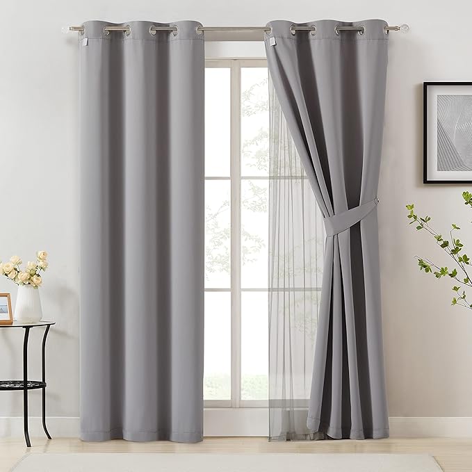 Bujasso Grey 90% Blackout Curtains with Sheer Overlay Mix and Match Double Layer Window Curtains Thermal Insulated 84 inch for Living Room Bedroom Gray Drapes with Tiebacks Grommet Top 37" Wx84 Lx2