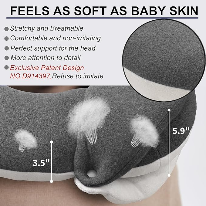 BUYUE Travel Neck Pillows for Airplanes, 360° Head Support Sleep for Long Flight, Skin-Friendly & Breathable, Kit with 3D Contoured Eye Mask, Earplugs and Storage Bag (Adult, Grey, 90+ lbs)