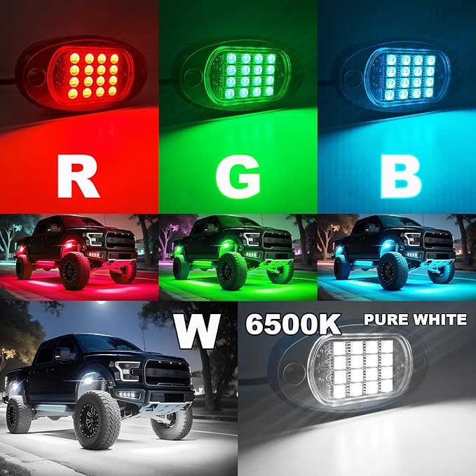 8 Pods RGBW LED Rock Lights Full Kit, 6500K Pure White (Not Mixed) & RGB Underglow for Jeeps Truck Golf Cart ATV UTV RZR Pickup, App/RF Remote Smart Brake Music Sync, Waterproof Offroad Underbody 12V