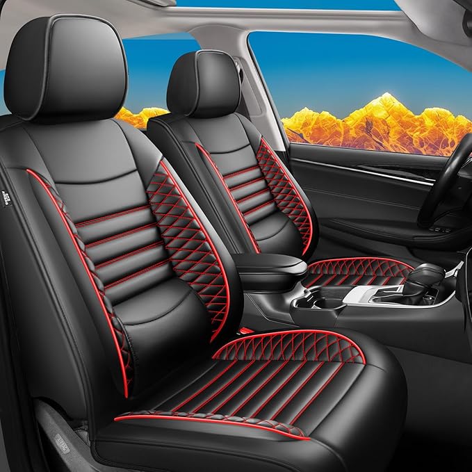 Fit Camry Car Seat Covers for Toyota Camry 2012-2024 2025 2026 - Upgraded Premium Waterproof & Breathable Leather, Airbag Compatible, All-Weather Seat Cushion Protector (Full Set, Black+Red)