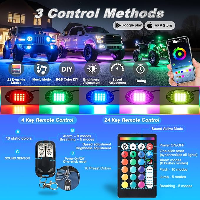 20Pods RGB LED Rock Lights Kit with APP/RF Remote Control, Segmented Multicolor Underglow Accent Light Exterior Music Mode Waterproof 12V for Trucks Pickup Dually Truck Off-Road