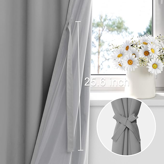 XWZO 100% Blackout Curtain Panels - Thermal Insulated Black Liner Curtains, Noise Reducing and Heat Blocking Drapes for Hall and Studio Windows with Tiebacks, Light Grey, W42 x L72, Set of 2