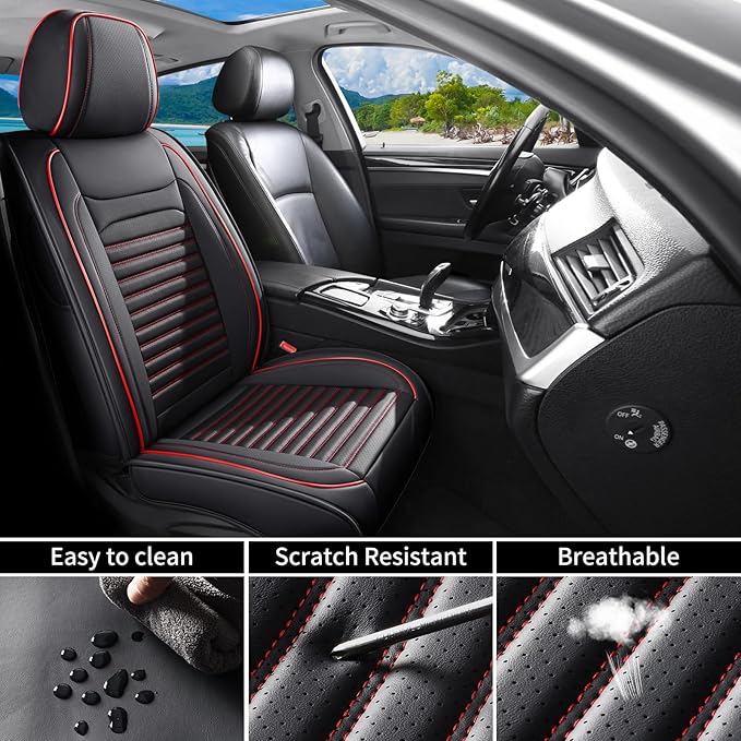 Front Seat Covers Fit for Toyota Avalon 2001-2022, Car Seat Covers Front Seats, Breathable Faux Leather Automotive Seat Covers Front Pair Anti-Slip Seat Cover(Black&Red, Front)
