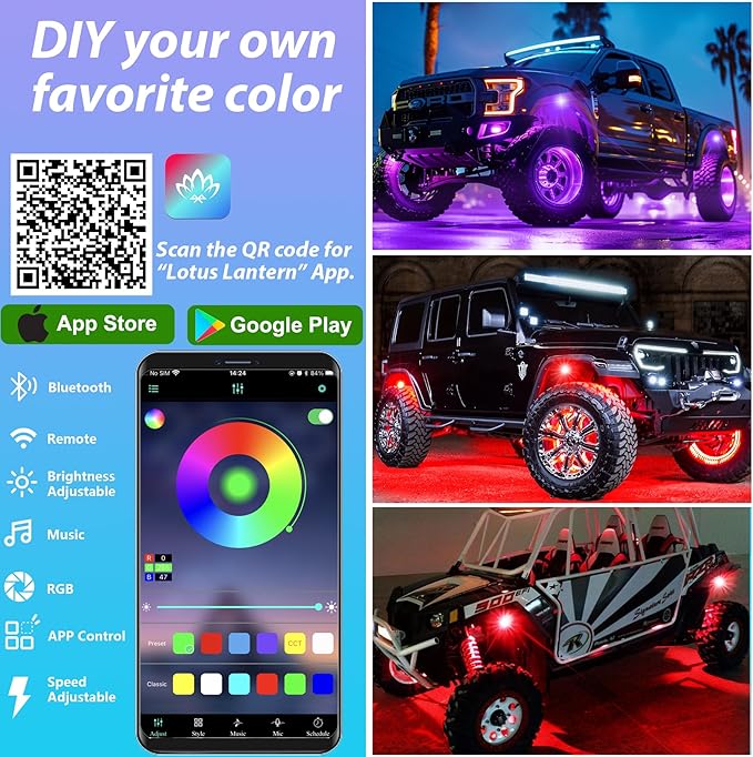 6 Pods RGB LED Rock Lights, Underglow Multicolor Neon Light Kit Wheel Well Light with APP Control & Music Mode, Under Glow Lights for Trucks,Jeep,SUV,Golf Cart,ATV,Pickup Off Road,12 V