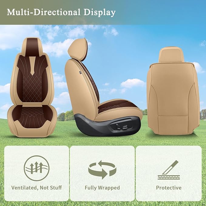 Breathable Car Seat Covers for Subaru Legacy 1995-2024 2025 2026, Front Seats, Perforated Leather, Seat Protector, Interior Trim for Subaru Legacy Accessories (Beige&Brown)
