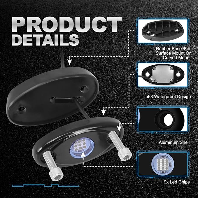 4Pods Rock Lights Blue Neon Underglow led Lamp for Car Trucks ATV UTV SUV Boat Underbody Glow Trail Rig Motorcycle Lights