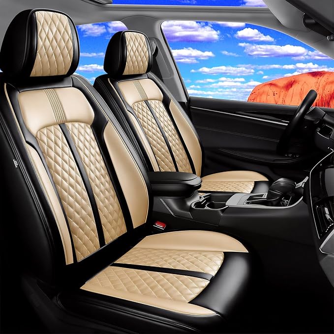 Fit Mazda 3 Car Seat Covers for Select Mazda 3 2010-2019 - Full Coverage Leather, Airbag Compatible, Waterproof & All Weather Seat Cushion Protector, Full Set, Black+Beige