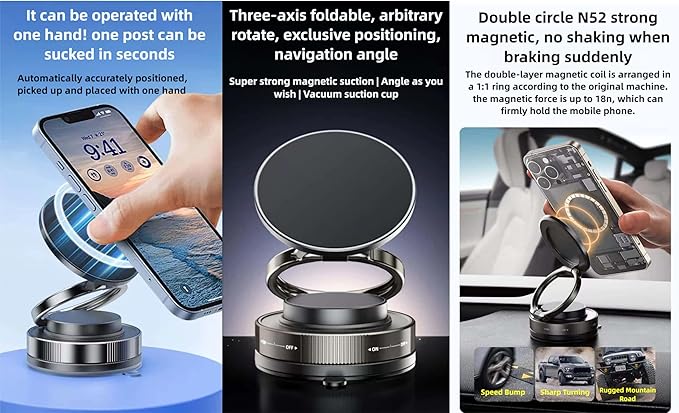 Vacuum Magnetic Car Phone Holder 360° Adjustable Foldable Portable Magnetic Phone Holder for Car for Car/Gym/Mirror/Smooth Surface Suction Cup Phone Mount Compatible for All Smartphones (Volcanic Red)