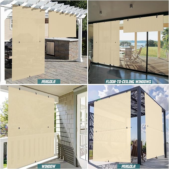 Bynbbur 8'W x 10'H Outdoor Patio Shades Foldable Roller Blinds, 220 GSM Sun Shade Roll Up Porch Screens Exterior Shade Cloth for Deck Pergola Backyard, Beige