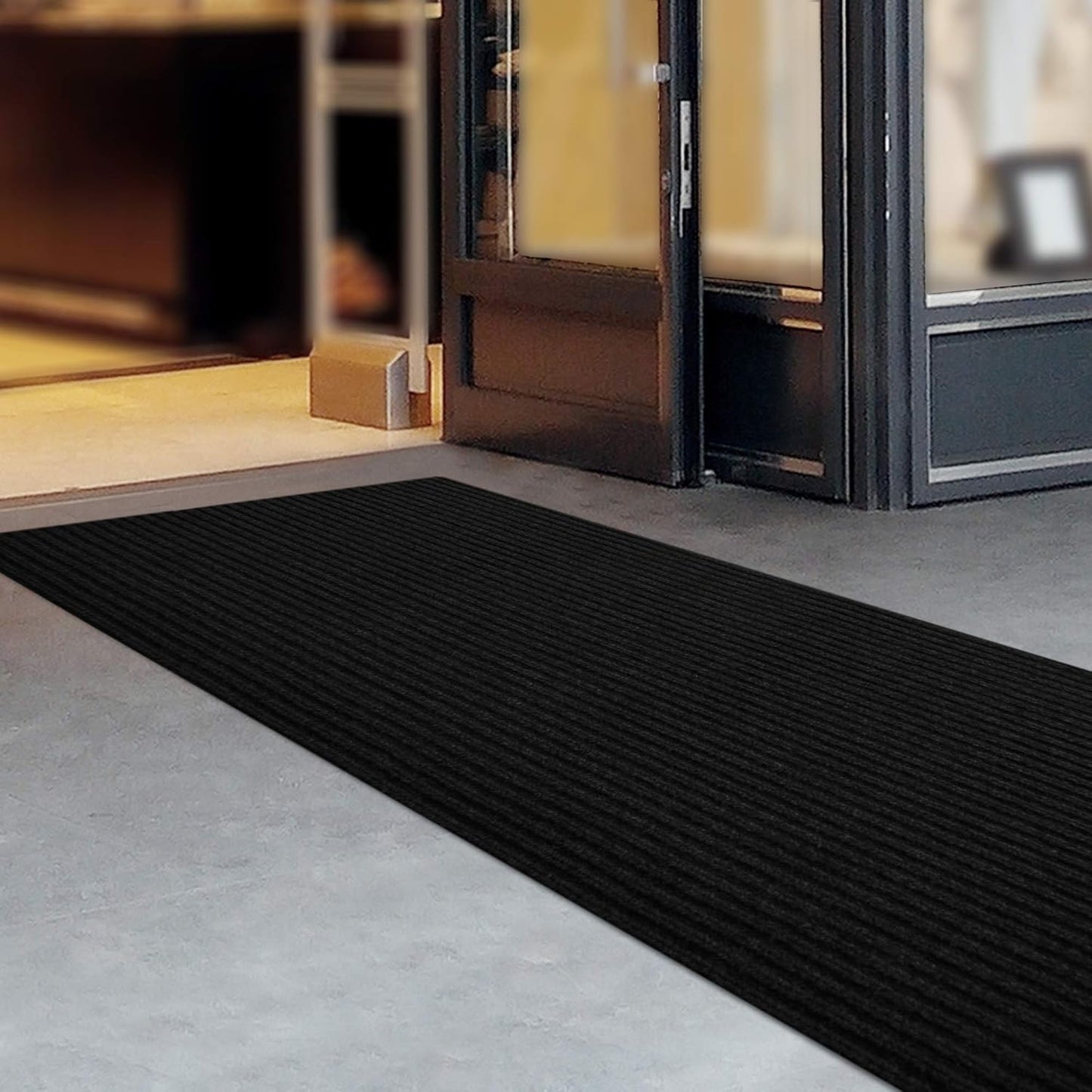 iCustomRug Spartan Weather Warrior Indoor/Outdoor Utility Ribbed Carpet Runner with Non-Slip Thermoplastic Rubber Backing, 28in X 32ft in Black