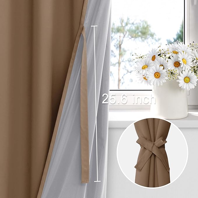 XWZO 100% Blackout Curtains with Tiebacks- 2 Thick Layers Completely Shaded Window Treatment Thermal Insulated Lined Drapes for Bedroom/Patio Door, Grommet, Cappuccino, W42 x L54, Set of 2 Panels