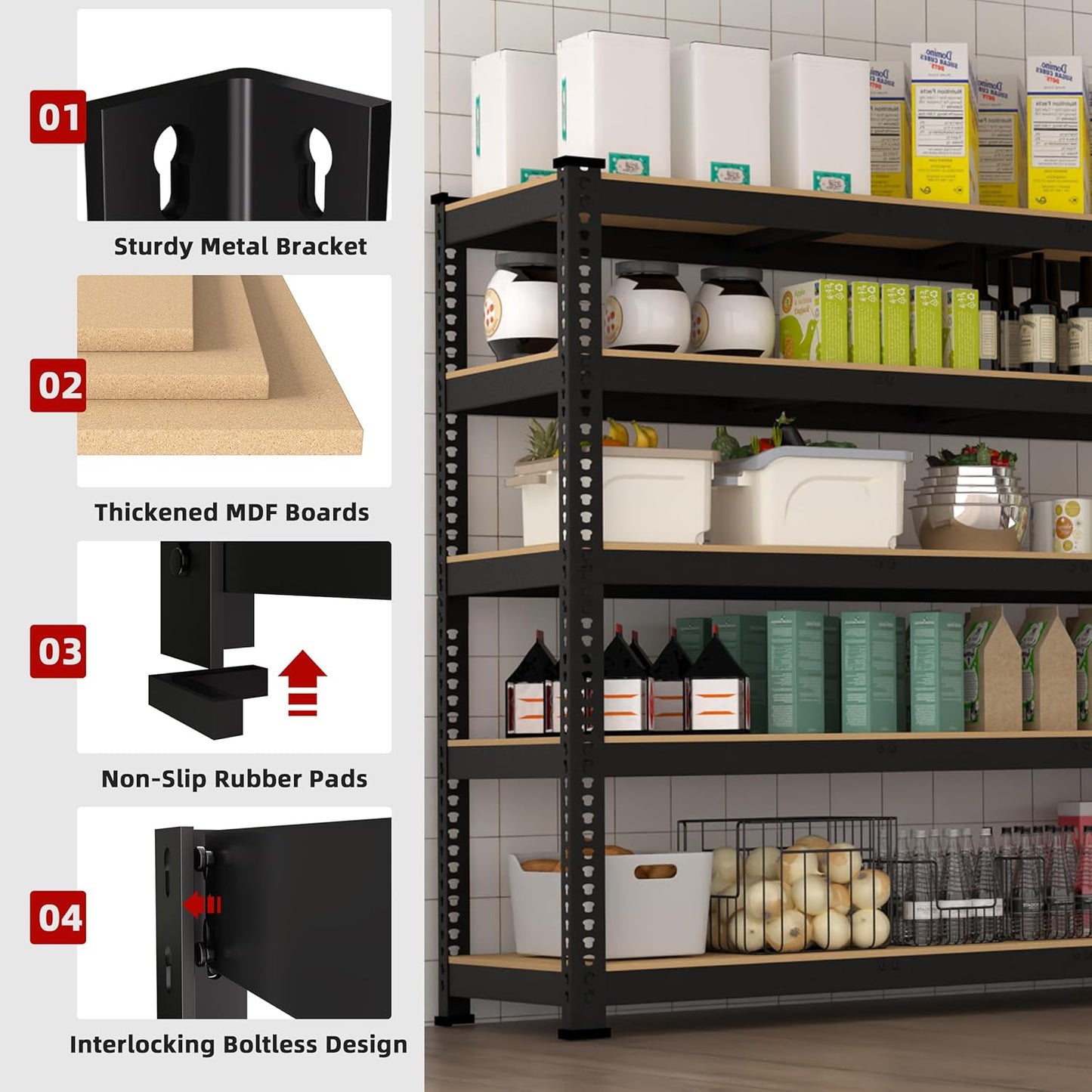 48" W x 24" D x 72" H Adjustable Garage Storage Shelves - 5-Shelf Heavy Duty Shelving Unit, Metal Utility Storage Organizer Racks for Warehouse Pantry Closet Kitchen, Black