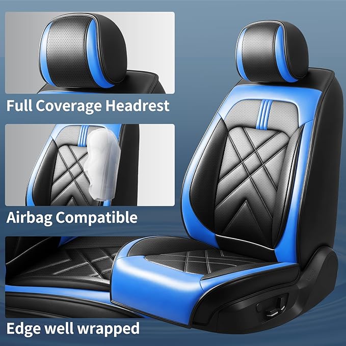 CX-7 Car Seat Covers Fit for Mazda CX-7 2007-2012, Full Coverage Premium Leather Waterproof Breathable Seat Covers, Automotive Seat Protectors, Airbag Compatible(2 Front Seats, Black-Blue)