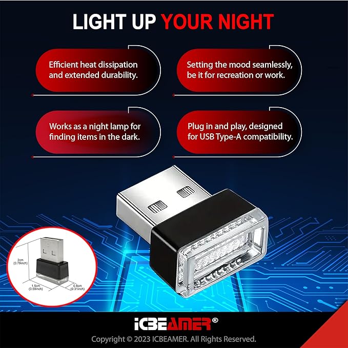 ICBEAMER USB Type-A LED Night Light 2-Pack (Red) | Plug-in Universal Fit Automotive Accessory for Car Interior and Trunk Ambient Atmosphere Lighting