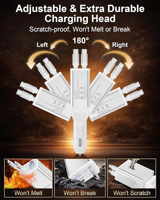 Retractable Charger Type C Cable for Google Pixel 10a 10 Pro Fold 10 XL 9a 9 8a, Fast Car Charger Adapter + Foldable Wall Plug Kit with Built in Type C Cord for iPhone 17e 17 Pro Max 17Pro 16e 16 15