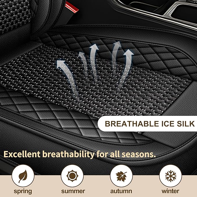TTX LIGHTING for VW Tiguan 2009-2026 Car Seat Covers, Breathable Ice Silk & Leather Seat Protector, Cool & Anti-Sweat for Long Driving, Airbag Compatible, 5 Seats Full Set (Black)