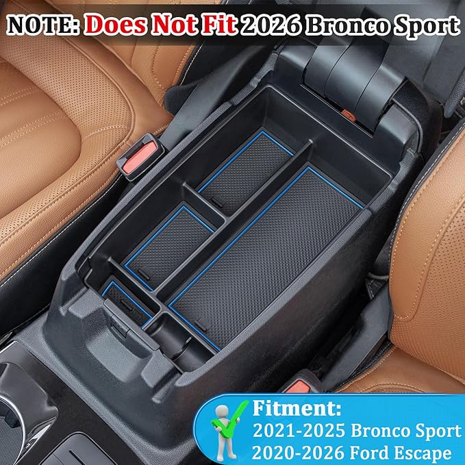 TOPINSTALL Blue Center Console Tray Compatible with Ford Escape 2020-2026 / Bronco Sport 2021-2025 Accessories, Long Compartment Storage Organizer Coin Container (Not for 2026 Sport)