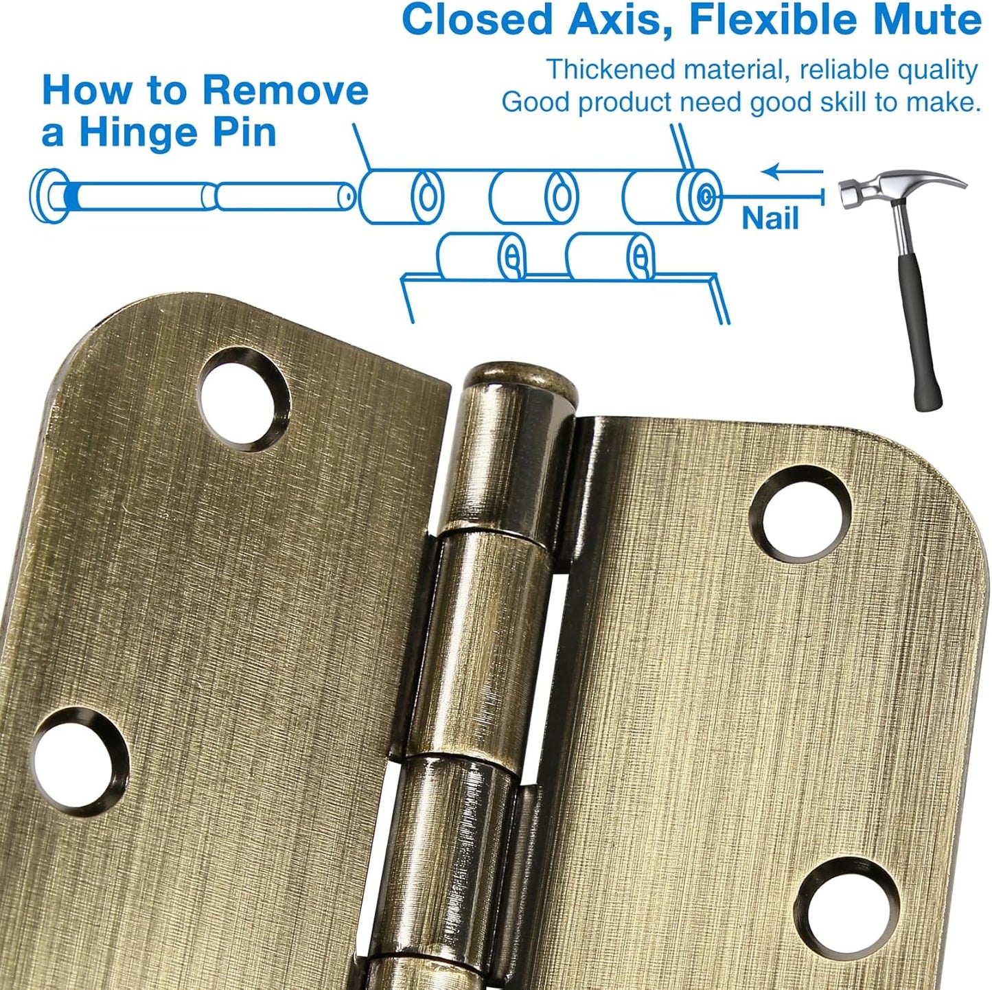18 Pack Door Hinges Antique Brass 3.5 Inch Interior 3 1/2" Round 5/8" Radius Heavy Duty Metal Hardware Kit 3 ½" 5/8" Radius Flat Hinge for Bifold Doors Decor Master Bedroom Storage Room