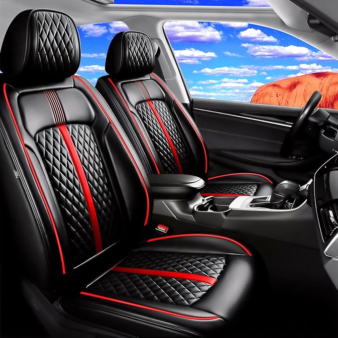 Fit Blazer Car Seat Covers for Select Chevrolet/Chevy Blazer 2019-2026 - Premium Full Coverage Leather, Airbag Compatible, Waterproof & All Weather Seat Cushion Protector, Full Set, Red Trim