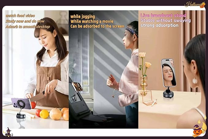 Vacuum Magnetic Car Phone Holder 361° Adjustable Foldable Portable Magnetic Phone Holder for Car for Car/Gym/Mirror/Smooth Surface Suction Cup Phone Mount Compatible for All Smartphones (Black)
