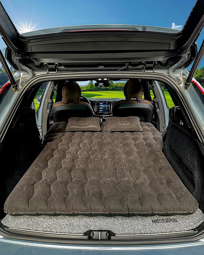 SUV Air Mattress, Inflatable SUV Mattress Bottle and Phone Holder Thickened Flocking & PVC Surface Car Air Mattress with Electric Air Pump Travel Mattress for Car Camping Road Trip (Black)
