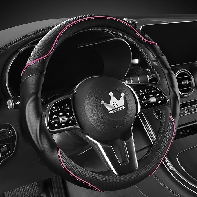 3D Car Steering Wheel Cover Comfort Grip Massage Sporty Anti-Slip Carbon Fiber Faux Leather for F150, Trucks, Jeep, Van, Car Handle Covers for All Seasons, 15.2-16in, Pink
