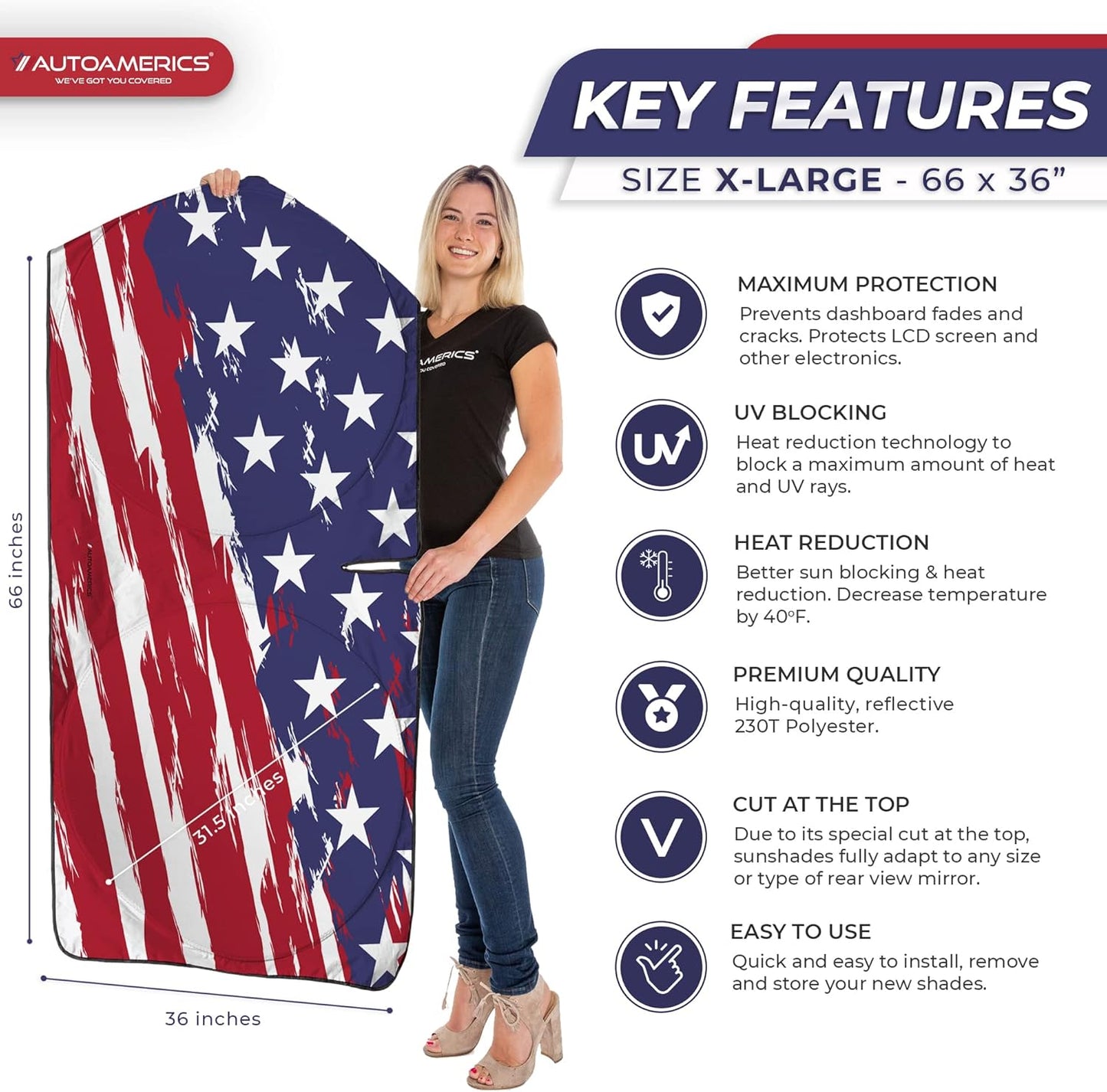 Autoamerics Truck Windshield Sun Shade with Storage Pouch & Anti-Slip Dash Pad - Foldable USA Art Flag-2 Design - Fits Most SUVs & Trucks - Blocks UV Rays and Keeps Car Cool | X-Large (66 x 36 inches)