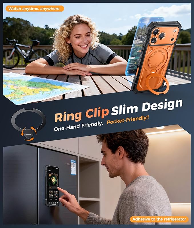 FNTCASE for iPhone 17 Pro-Max Case: [360 Spin Magnetic Ring Kickstand] [Compatible for MagSafe] [Screen Protector] Heavy Duty Military Grade Protection Protective Phone Case with Stand Orange
