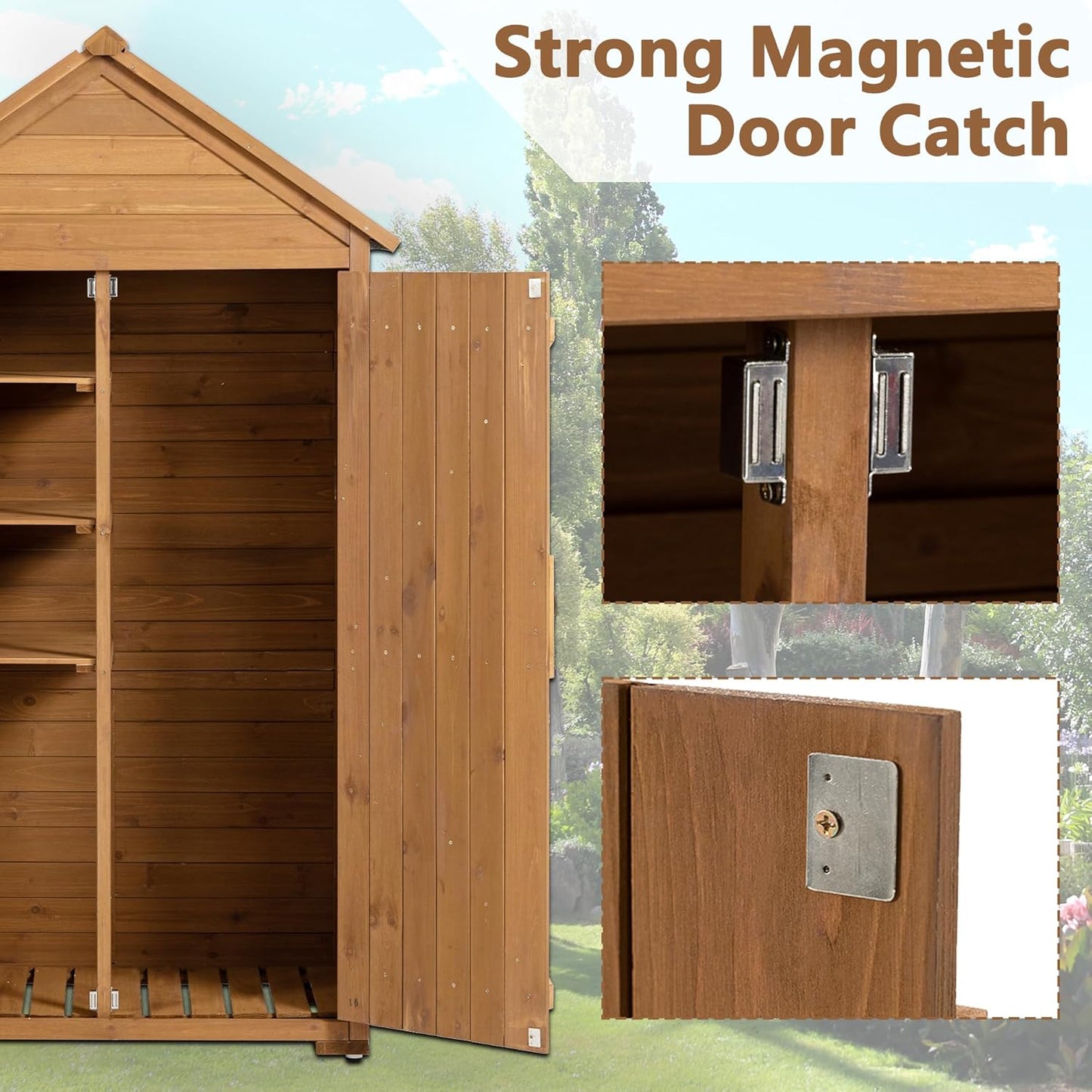 39.56"x 22.04"x 68.89" Outdoor Storage Cabinet with Removable Shelves, Waterproof Roof, and Adjustable Feet - Fir Wood Garden Tool Shed for Yard, Patio, Deck, and Garage,Yellow Brown