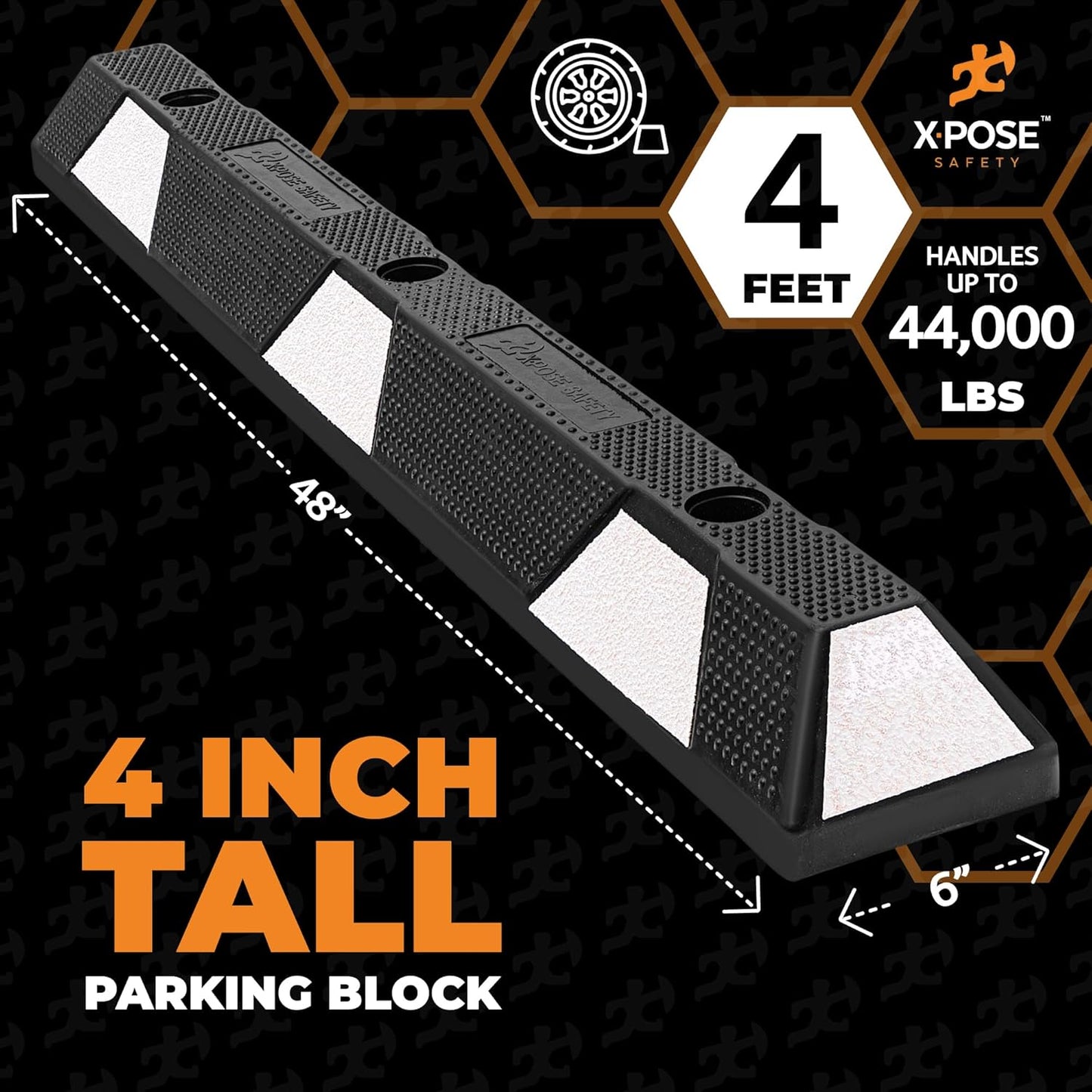 Xpose Safety 48" Heavy Duty Rubber Parking Stopper – 6 Pack Wheel Blocks for Garage, Driveway, or Ramp – Car Bumper Stop with White Reflective Strips – Removable Floor Mount