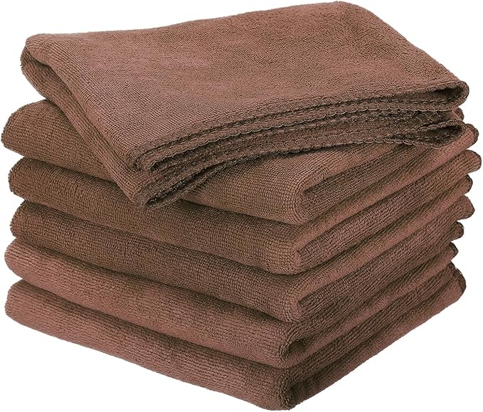 HARFINGTON 6 Pack Microfiber Cleaning Cloth, 28" x 12" Multi-Functional Cleaning Towels Reusable Absorbent Rags for Car Wash Kitchen Household Window Clean, Brown
