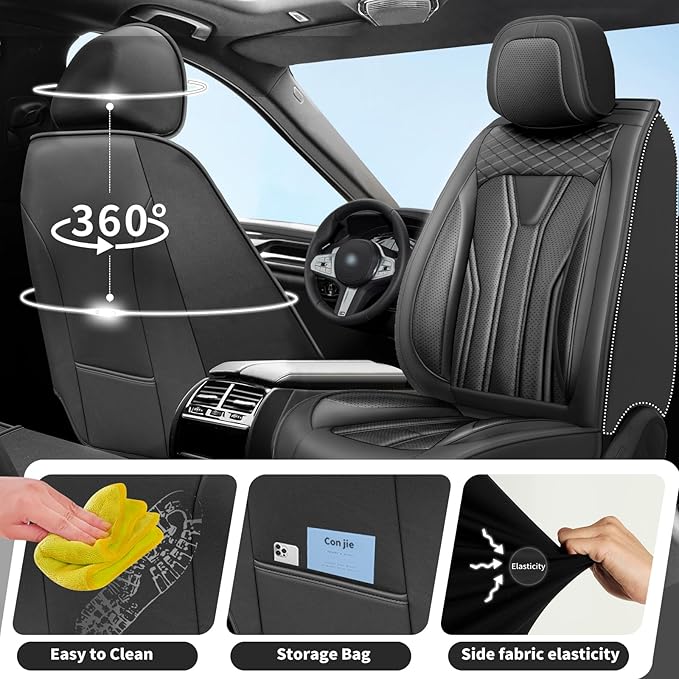 Fit Juke Car Seat Covers Compatible with Nissan Juke 2012-2015 2016 - Premium Leather， Waterproof Breathable， All-Weather Seat Cushion Protecto&Airbag Compatible (2 Front Seat All Black)
